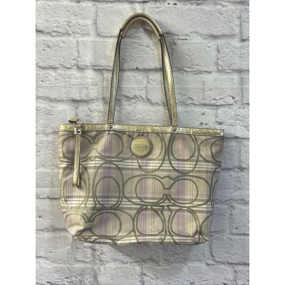 COACH F17474 Signature Multicolor Tartan Plaid Tote Shoulder Handbag Purse Gold - Picture 1 of 16